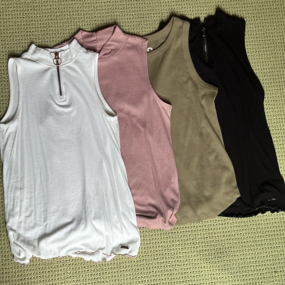 Sleeveless Zip-Up Tops - White, Pink, Olive, Black